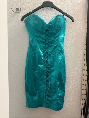bebe Teal Strapless Satin Lace-Up Sheath Dress